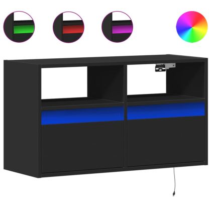 Стенен ТВ шкаф с LED осветление, черен, 80x31x45 см