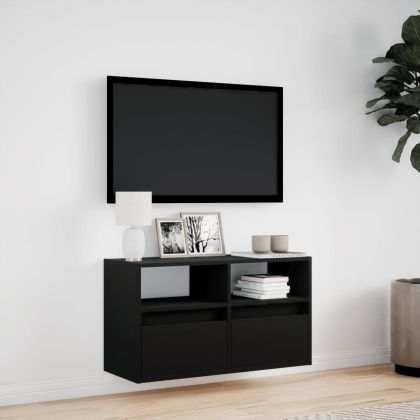 Стенен ТВ шкаф с LED осветление, черен, 80x31x45 см