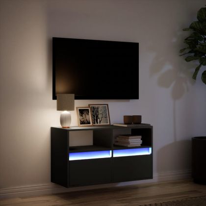 Стенен ТВ шкаф с LED осветление, черен, 80x31x45 см