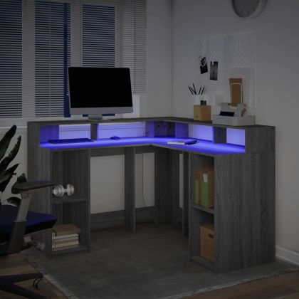 Бюро с LED осветление сив сонома 130x130x91 см инженерно дърво
