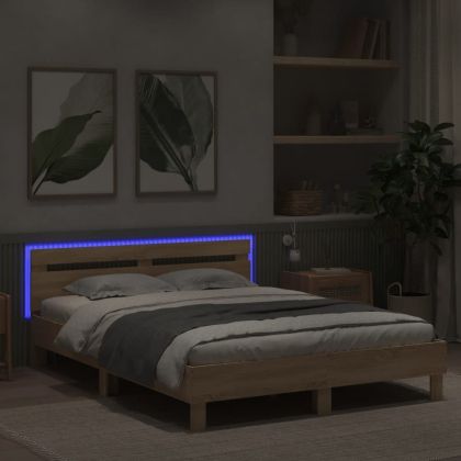 Рамка за легло с табла и LED, дъб сонома, 140x190 см