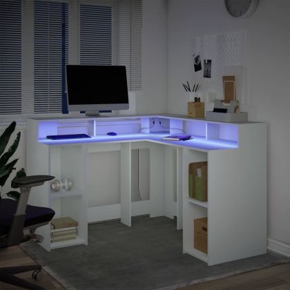 Бюро с LED осветление, бяло, 130x130x91 см, инженерно дърво