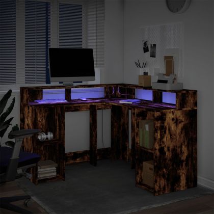 Бюро с LED осветление Опушен дъб 130x130x91 см инженерно дърво