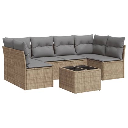 Градински диван с възглавници, 7 части, бежов полиратан