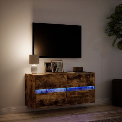 Стенен ТВ шкаф с LED осветление, опушен дъб, 100x31x45 см