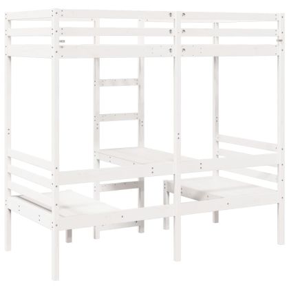 Таванско легло с бюро и столове, бял, 75x190 см, бор масив