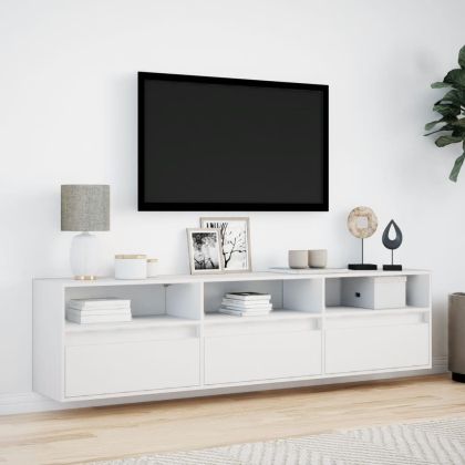Стенен ТВ шкаф с LED, бял, 180x31x45 см