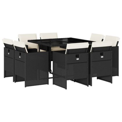 Градински трапезен комплект възглавници 9 части черен полиратан