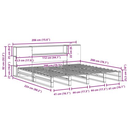 Легло с етажерка за книги, без матрак, 200x200 см, дърво масив