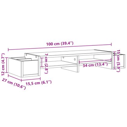 Стойка за монитор с място за съхранение сив сонома 100x27x15 см