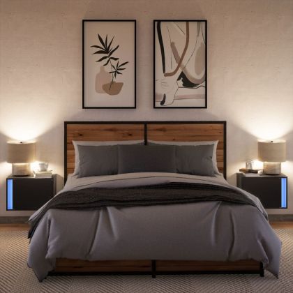 Нощни шкафчета за стена с LED осветление, 2 бр, черни