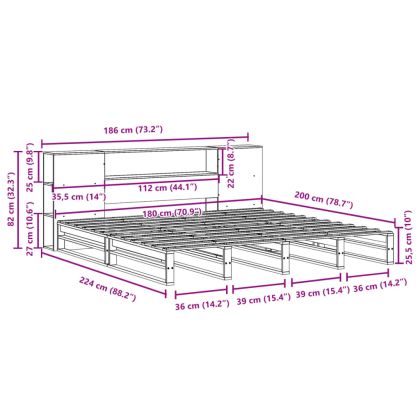 Легло с етажерка за книги, без матрак, 180x200 см, дърво масив