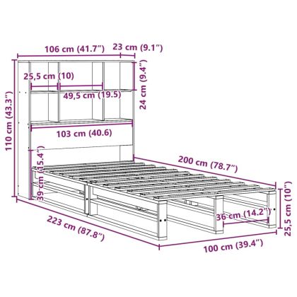 Легло с етажерка за книги, без матрак, 100x200 см, дърво масив