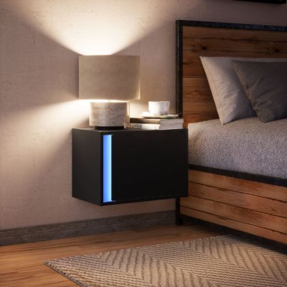 Нощно шкафче за стена с LED светлини, черно