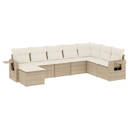 Градински диван с възглавници, 8 части, бежов полиратан