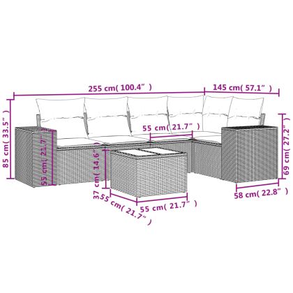 Градински диван с възглавници, 6 части, бежов полиратан