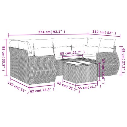 Градински диван с възглавници, 7 части, полиратан, сив