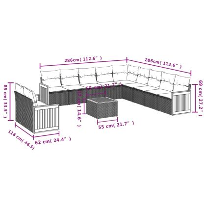 Градински диван с възглавници, 12 части, бежов полиратан