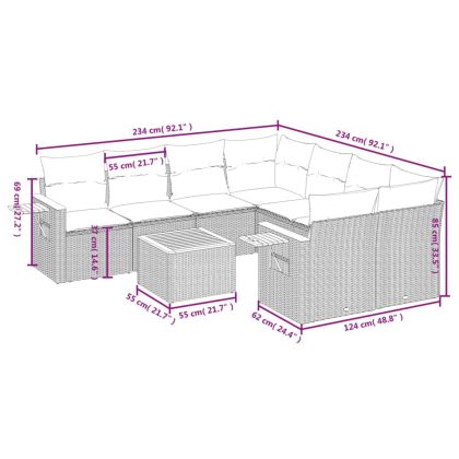 Градински комплект диван с възглавници 9 части бежов полиратан