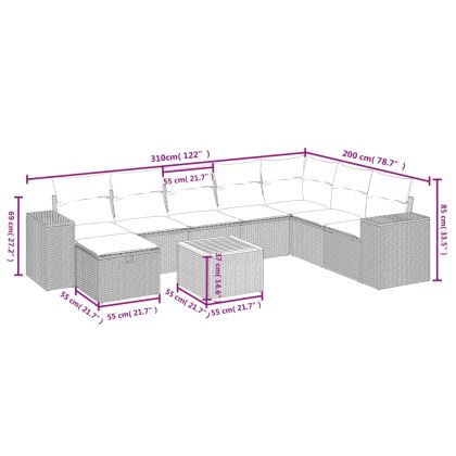 Градински комплект диван с възглавници 9 части бежов полиратан