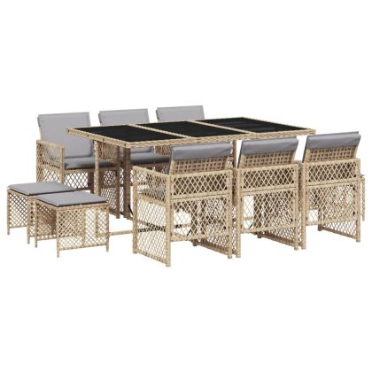 Градински комплект с възглавници, 11 части, бежов полиратан