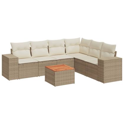 Градински диван с възглавници, 7 части, бежов полиратан