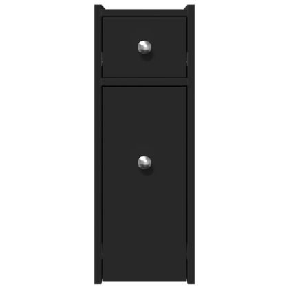 Тесен скрин за баня с колелца, черен, инженерно дърво