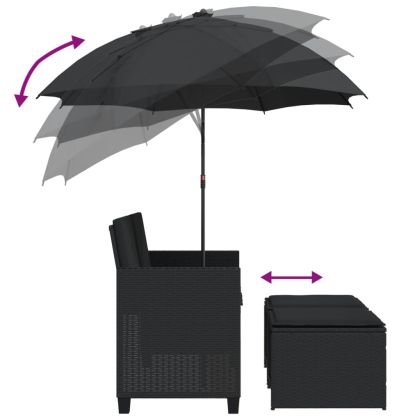 2-местен градински диван с чадър и табуретки черен полиратан