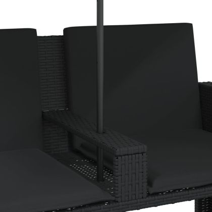 2-местен градински диван с чадър и табуретки черен полиратан