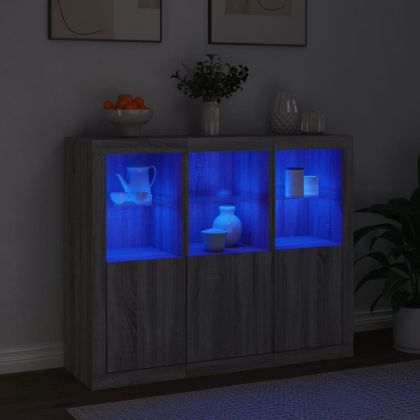 Сайдборди с LED осветление, 3 бр, сив сонома, инженерно дърво