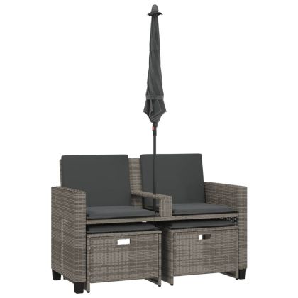 2-местен градински диван с чадър и табуретки сив полиратан