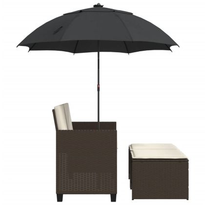 2-местен градински диван с чадър и табуретки кафяв полиратан