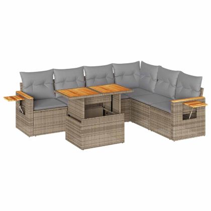 Градински диван с възглавници, 7 части, бежов полиратан акация