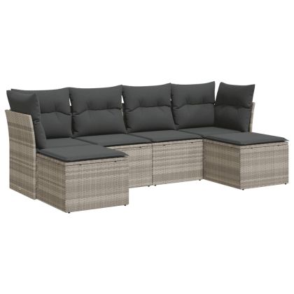 Градински комплект с възглавници, 6 части, светлосив полиратан