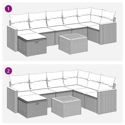 Градински диван с възглавници, 8 части, бежов полиратан