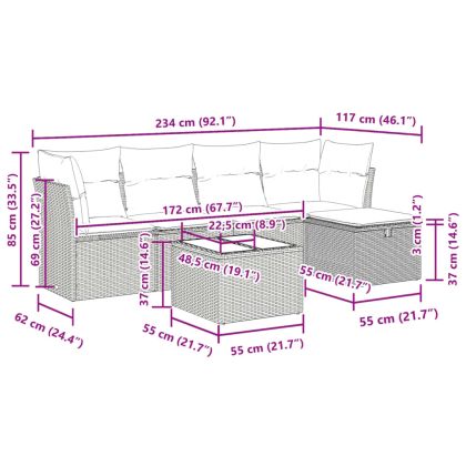 Градински диван с възглавници, 6 части, бежов полиратан