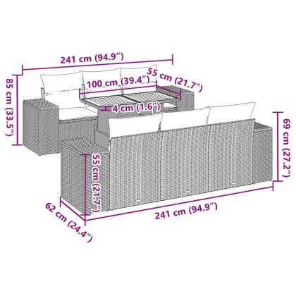 Градински диван с възглавници, 7 части, бежов полиратан