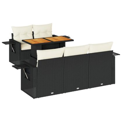 Градински диван с възглавници, 6 части, черен, полиратан