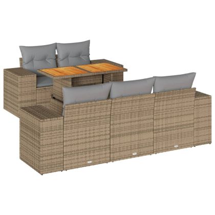 Градински диван с възглавници, 6 части, бежов полиратан
