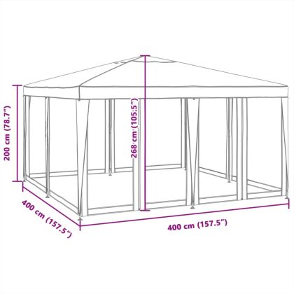 Парти палатка с 8 мрежести странични стени, бели, 4x4 м, HDPE