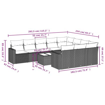 Градински диван с възглавници, 11 части, бежов полиратан
