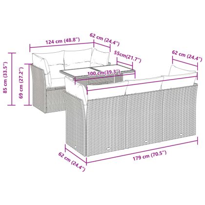 Градински диван с възглавници, 6 части, черен, полиратан