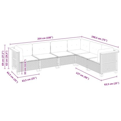 Градински диван с възглавници, 6 части, бежов полиратан