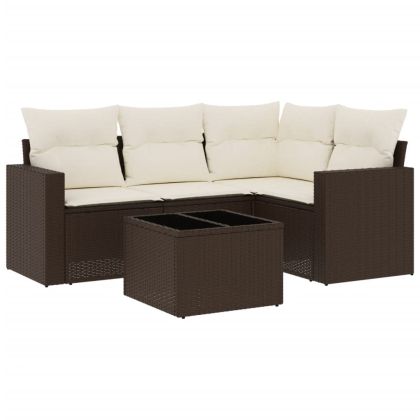 Градински комплект с възглавници, 5 части, кафяв полиратан