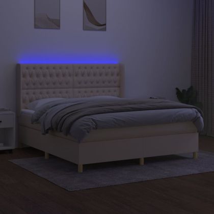 Боксспринг легло с матрак и LED, кремаво, 160x200 см, плат