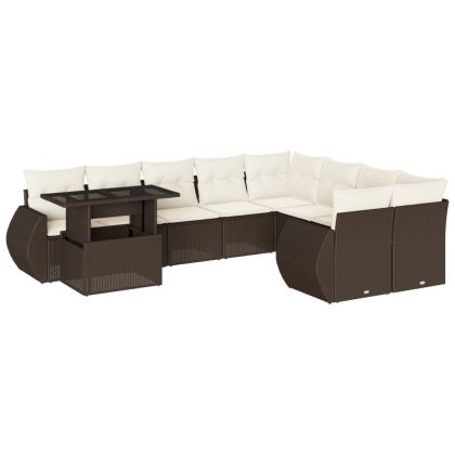 Градински комплект диван с възглавници 10 части кафяв полиратан