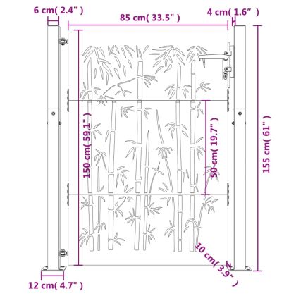 Градинска порта 100x150 см, кортенова стомана, дизайн от бамбук