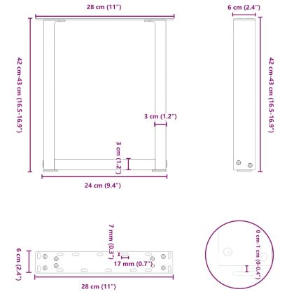 Крака за масичка за кафе, U-образни, 2 бр., антрацит, 28 x (42-43) см, стомана