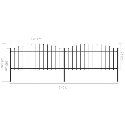 Градинска ограда с пики, стомана, (0,5-0,75)x3,4 м, черна