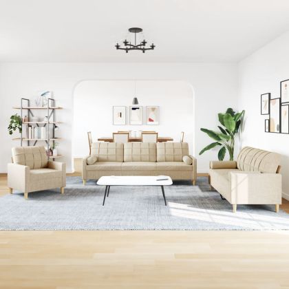 Комплект дивани 3 части с декоративни възглавници кремав плат